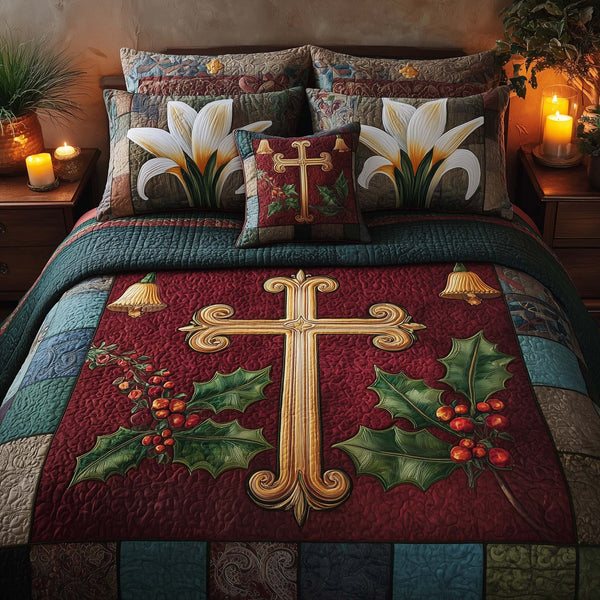 Cross 3-Piece Quilted Bedding Set - Design 8 — quilt and two matching pillow shams
