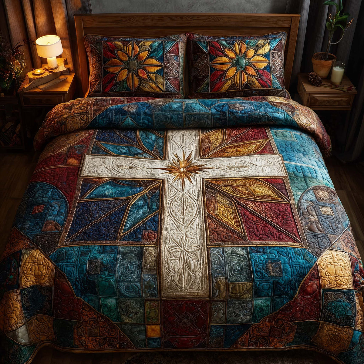 Cross 3-Piece Quilted Bedding Set - Design 10 — quilt and two matching pillow shams