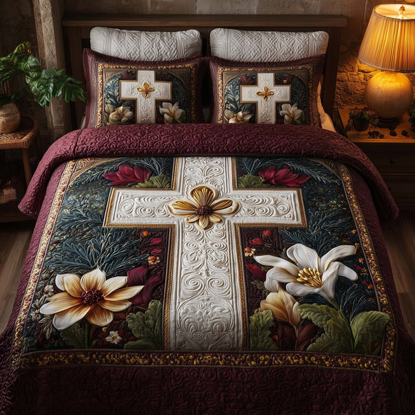Cross 3-Piece Quilted Bedding Set - Design 11 — quilt and two matching pillow shams