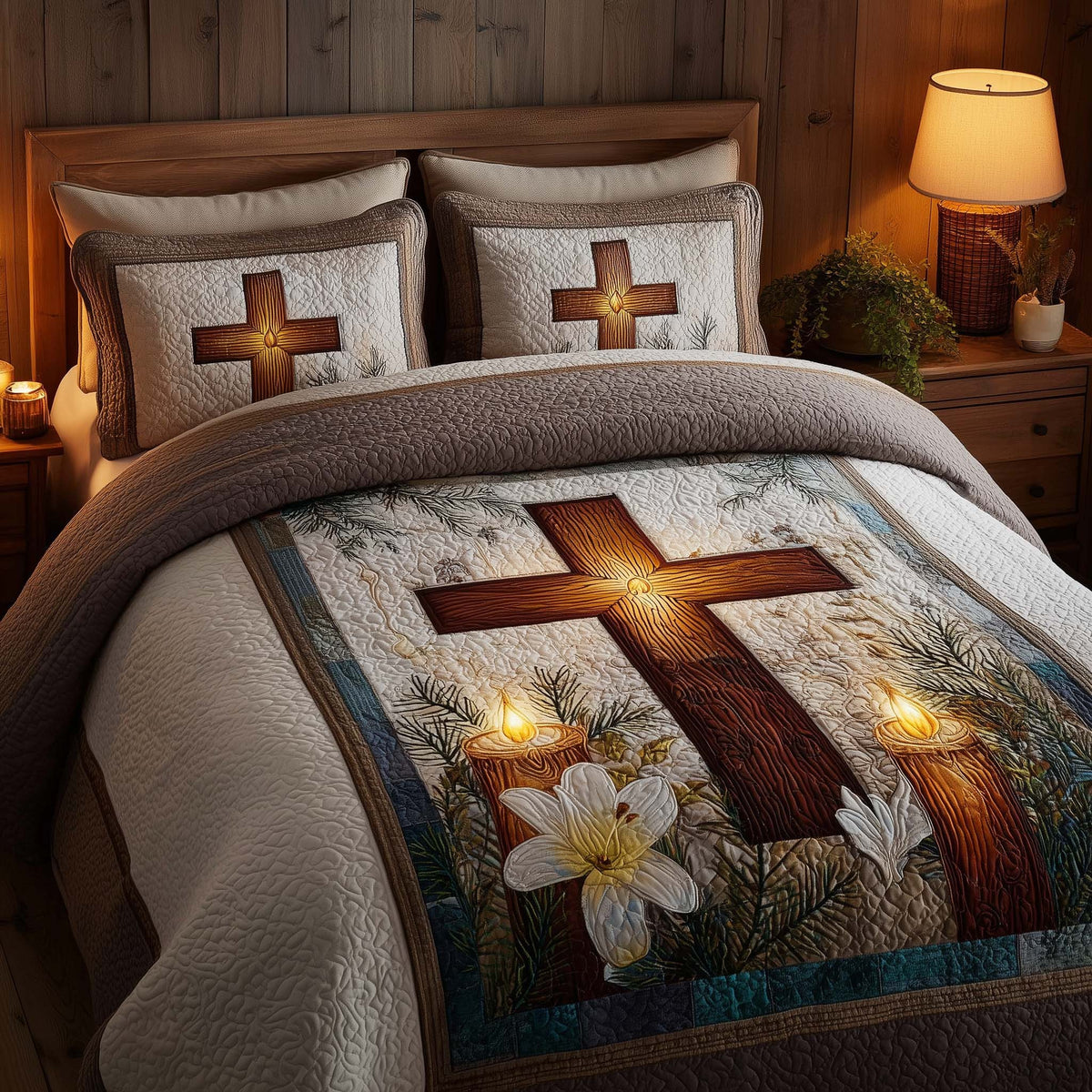 Cross 3-Piece Quilted Bedding Set - Design 14 — quilt and two matching pillow shams
