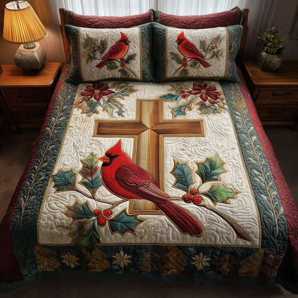 Cross 3-Piece Quilted Bedding Set - Design 16 — quilt and two matching pillow shams