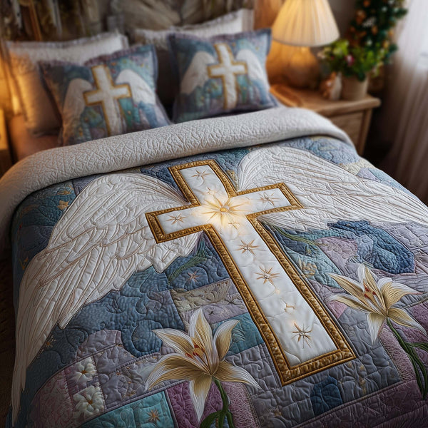 Cross 3-Piece Quilted Bedding Set - Design 17 — quilt and two matching pillow shams
