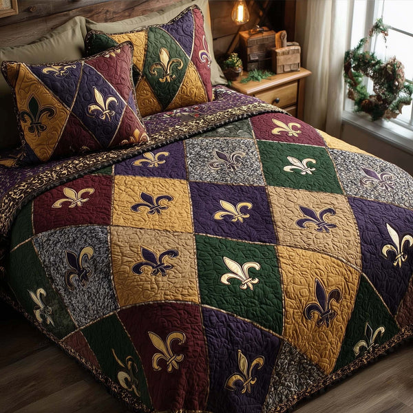 Fleur De Lis quilted 3-piece bedding set on a made bed with two matching pillow shams