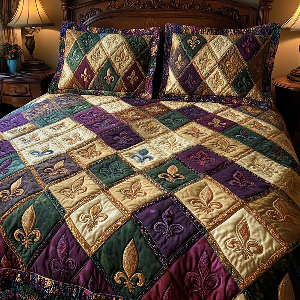Fleur De Lis quilted 3-piece bedding set on a made bed with two matching pillow shams