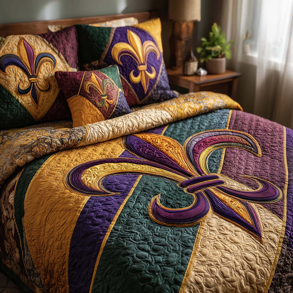 Fleur De Lis quilted 3-piece bedding set on a made bed with two matching pillow shams