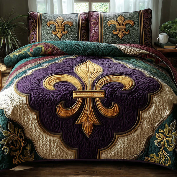 Fleur De Lis quilted 3-piece bedding set on a made bed with two matching pillow shams