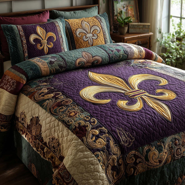 Fleur De Lis quilted 3-piece bedding set on a made bed with two matching pillow shams