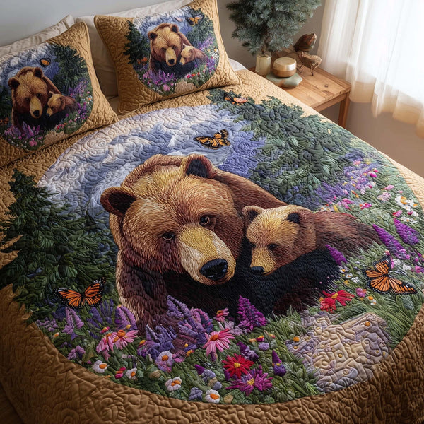 Bear Heaven quilted 3-piece bedding set on a made bed in a softly lit bedroom