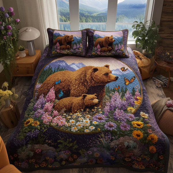 Bear Heaven quilted 3-piece bedding set on a made bed in a softly lit bedroom