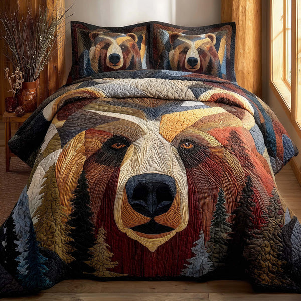 Bear Brave quilted 3-piece bedding set on a made bed with two matching pillow shams