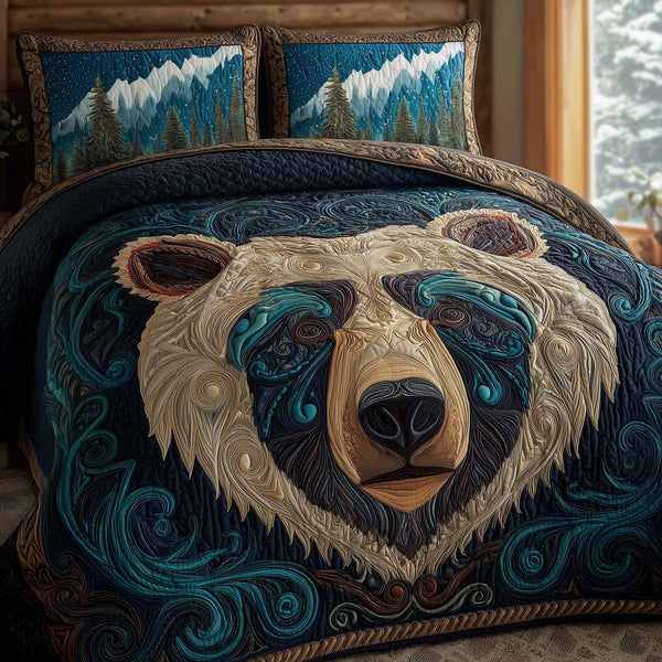 Bear Pround quilted 3-piece bedding set on a made bed with two matching pillow shams
