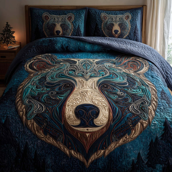 Bear Pround quilted 3-piece bedding set on a made bed with two matching pillow shams