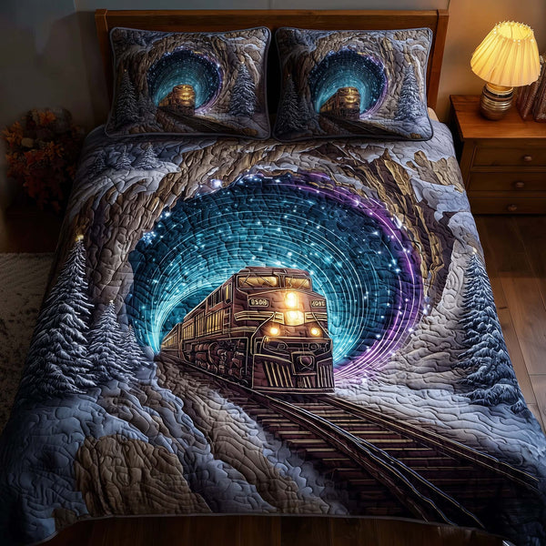 Train Journey quilted 3-piece bedding set on a made bed with two matching pillow shams