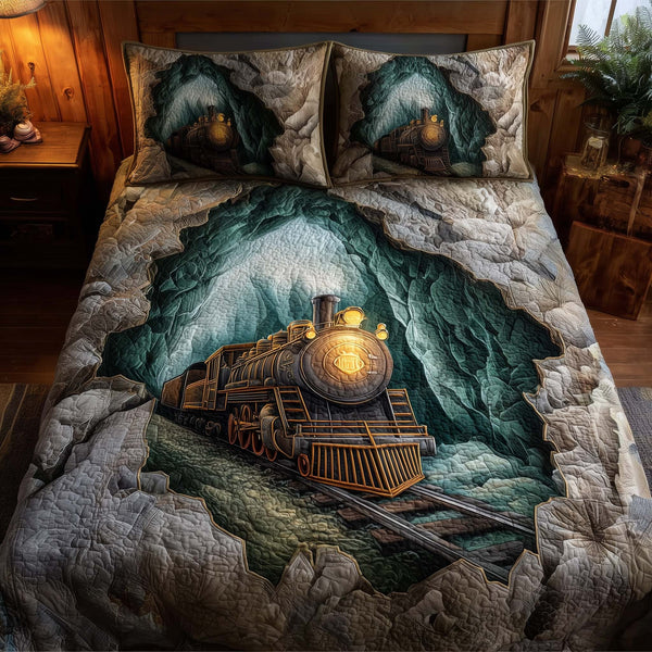 Train Journey quilted 3-piece bedding set on a made bed with two matching pillow shams