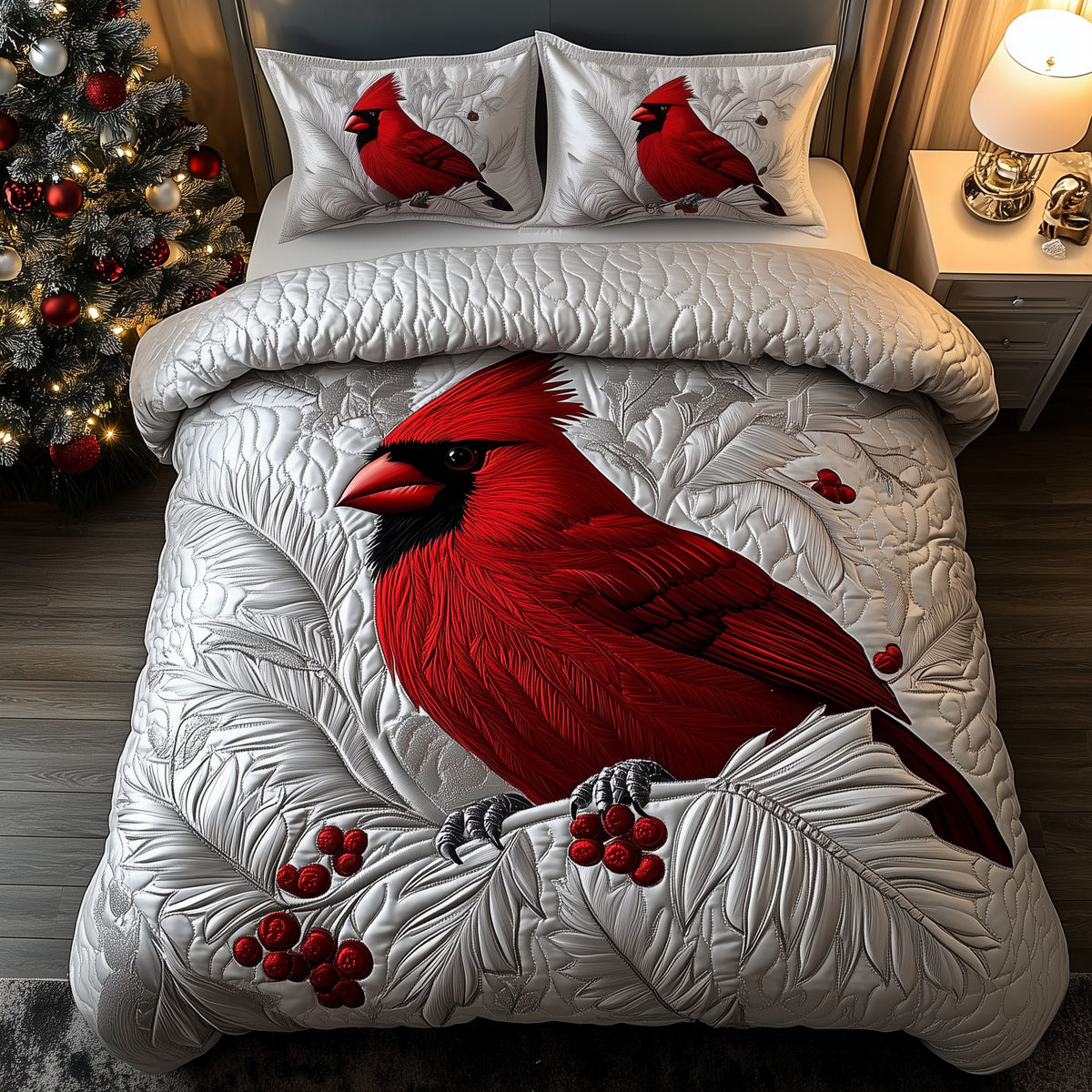 Elegant Snowy Cardinal 3-Piece Quilted Bedding Set - Design 1 — quilt and two matching pillow shams