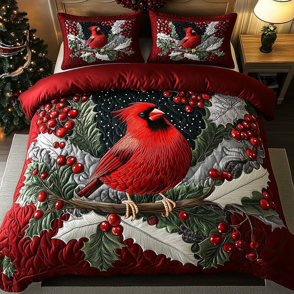 Elegant Snowy Cardinal 3-Piece Quilted Bedding Set - Design 2 — quilt and two matching pillow shams
