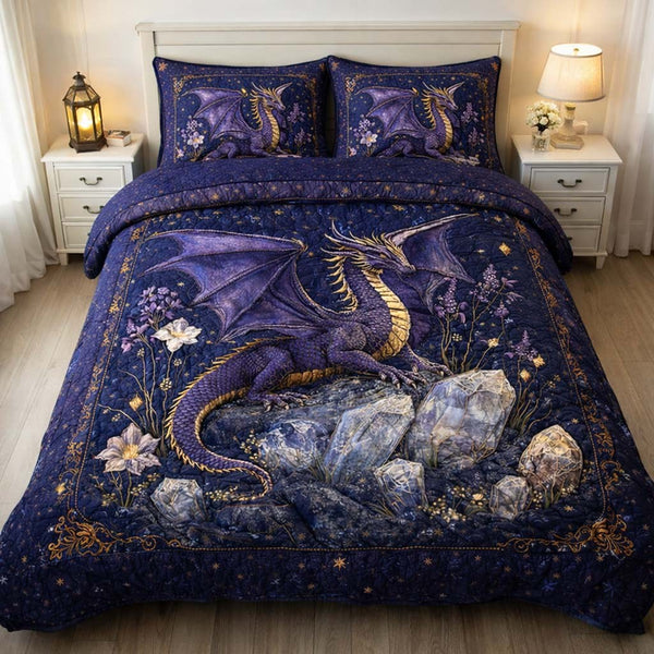 Amethyst Night Dragon quilted 3-piece bedding set on a made bed with two matching pillow shams