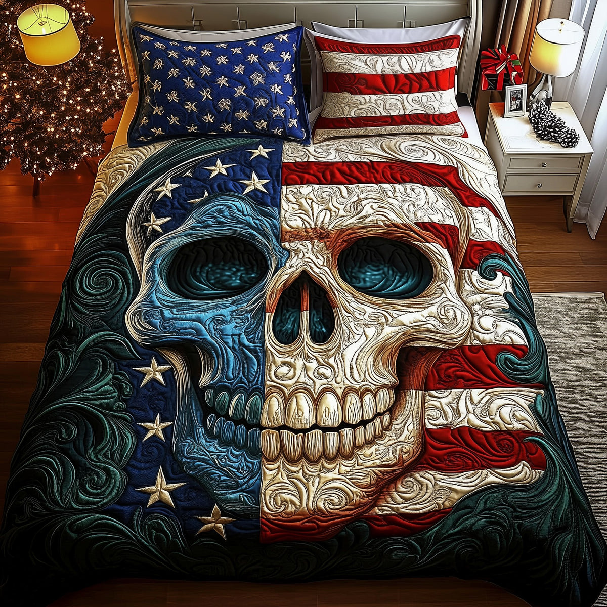 American Pride Skull 3-Piece Quilted Bedding Set - Design 1 — quilt and two matching pillow shams