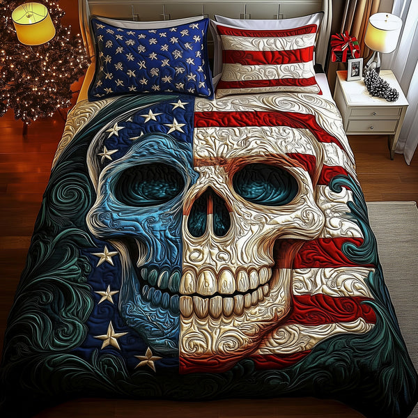 American Pride Skull quilted 3-piece bedding set on a made bed against a dark styled interior
