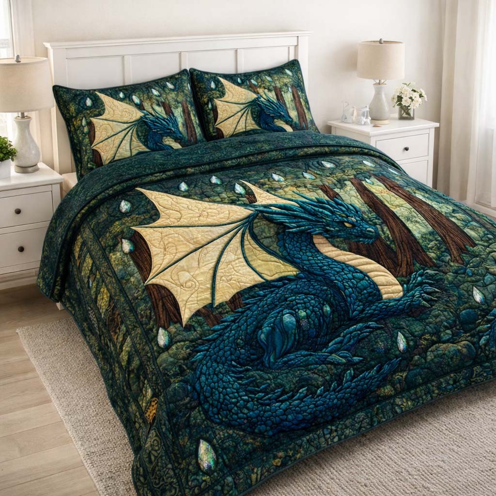 Emerald Forest Dragon 3-Piece Quilted Bedding Set — quilt and two matching pillow shams