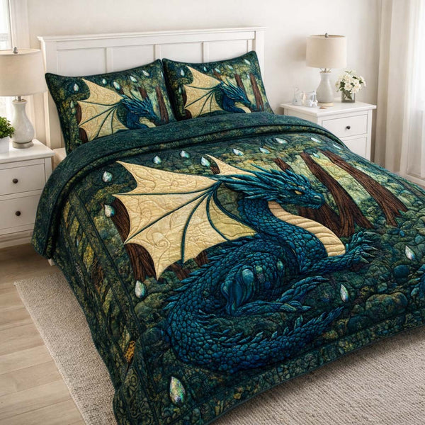 Emerald Forest Dragon 3-Piece Quilted Bedding Set — quilt and two matching pillow shams