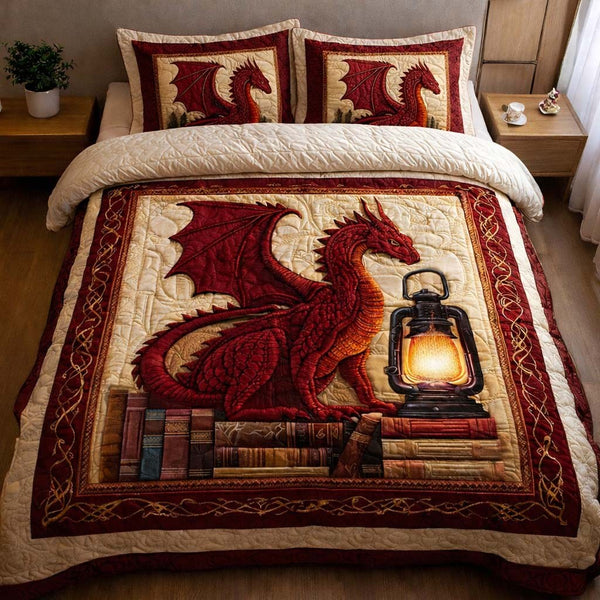 Crimson Lantern Dragon 3-Piece Quilted Bedding Set — quilt and two matching pillow shams