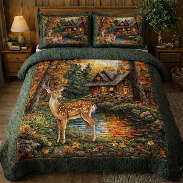 Autumn Cabin Deer quilted 3-piece bedding set on a made bed with two matching pillow shams