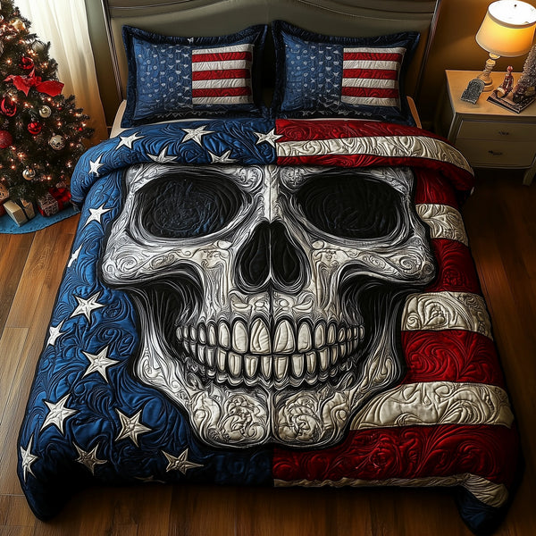 American Pride Skull quilted 3-piece bedding set on a made bed against a dark styled interior