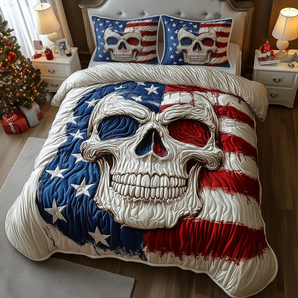 American Pride Skull quilted 3-piece bedding set on a made bed against a dark styled interior