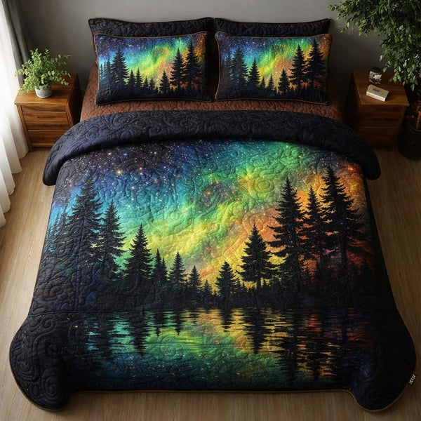 Aurora Pine Lake quilted 3-piece bedding set on a made bed with two matching pillow shams
