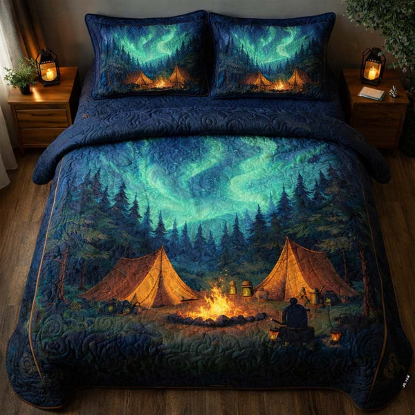 Campfire Aurora Night quilted 3-piece bedding set on a made bed with two matching pillow shams