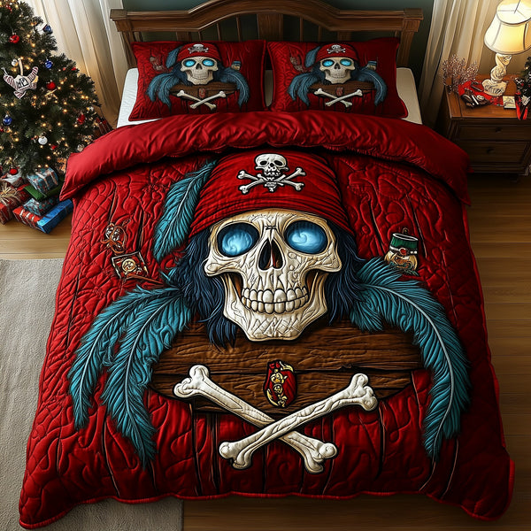 Captain Skull Pirate quilted 3-piece bedding set on a made bed against a dark styled interior