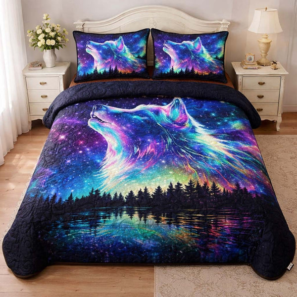 Aurora Wolf Howl quilted 3-piece bedding set on a made bed with two matching pillow shams