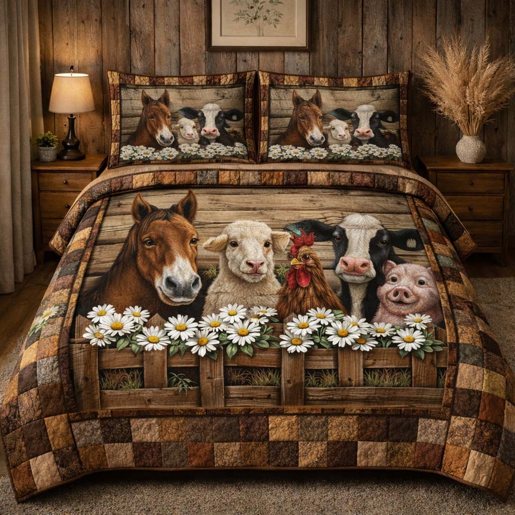 Country Meadow Friends 3-Piece Quilted Bedding Set — quilt and two matching pillow shams