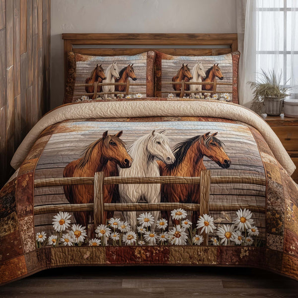 Country Fence Horses 3-Piece Quilted Bedding Set — quilt and two matching pillow shams