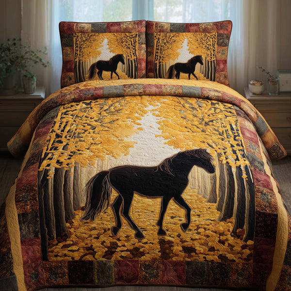 Autumn Forest Horse quilted 3-piece bedding set on a made bed in a rustic timber bedroom