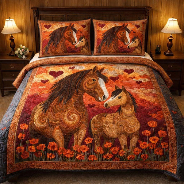 Autumn Heart Horses quilted 3-piece bedding set on a made bed in a rustic timber bedroom