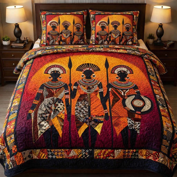 African Royal Guardians quilted 3-piece bedding set on a made bed with two matching pillow shams