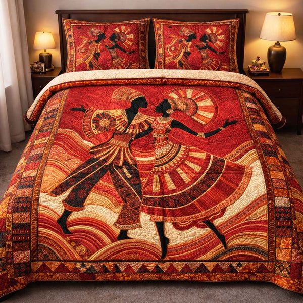Crimson Ancestral Dance quilted 3-piece bedding set on a made bed with two matching pillow shams