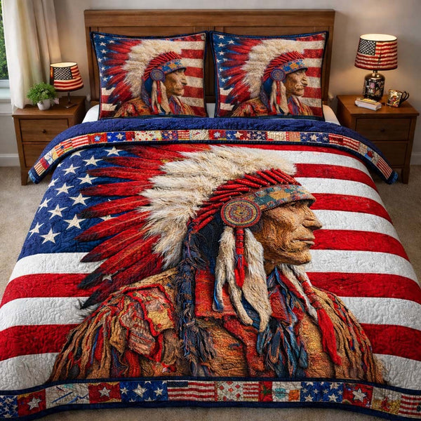 American Eagle Guardian quilted 3-piece bedding set on a made bed in a warmly lit bedroom