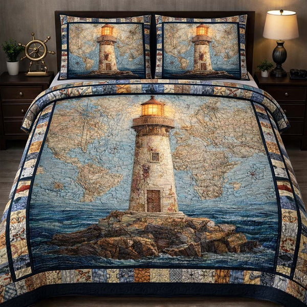 Beacon Of Seas quilted 3-piece bedding set on a made bed with two matching pillow shams