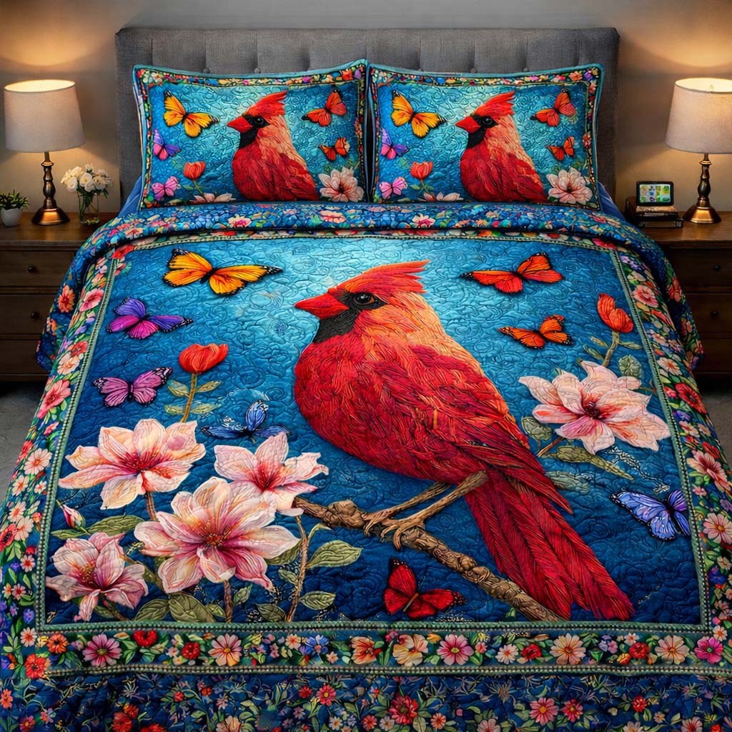 Azure Cardinal Garden 3-Piece Quilted Bedding Set — quilt and two matching pillow shams