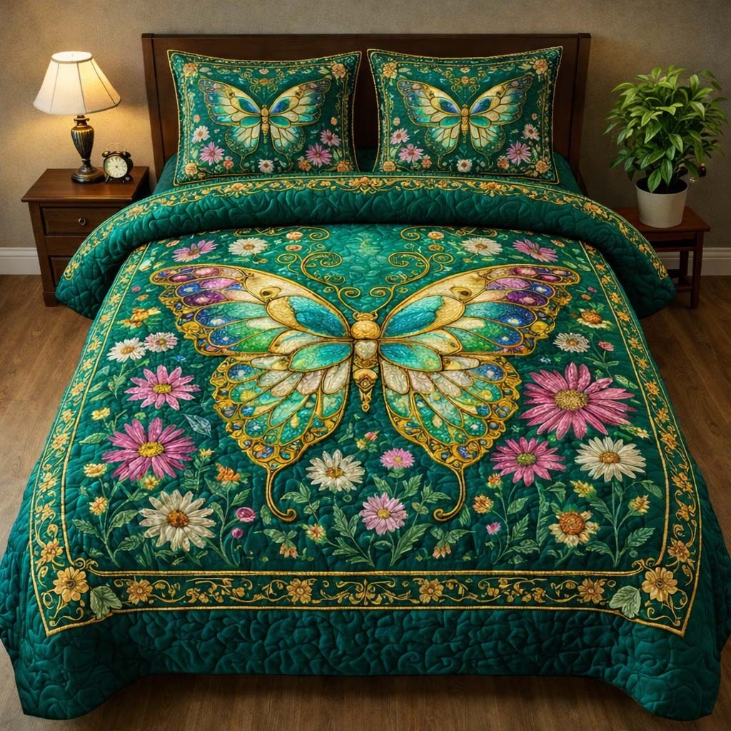 Emerald Butterfly Garden 3-Piece Quilted Bedding Set — quilt and two matching pillow shams