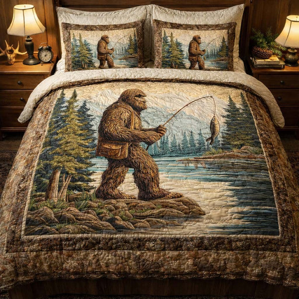 Bigfoot River Catch quilted 3-piece bedding set on a made bed with two matching pillow shams