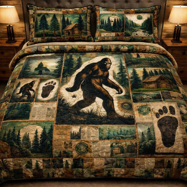 Bigfoot Cabin Chronicle quilted 3-piece bedding set on a made bed with two matching pillow shams