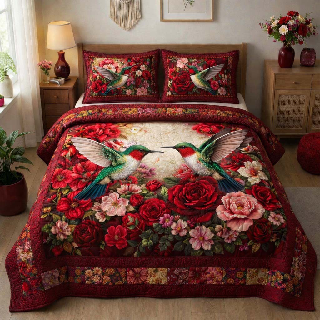 Crimson Rose Hummingbirds 3-Piece Quilted Bedding Set — quilt and two matching pillow shams