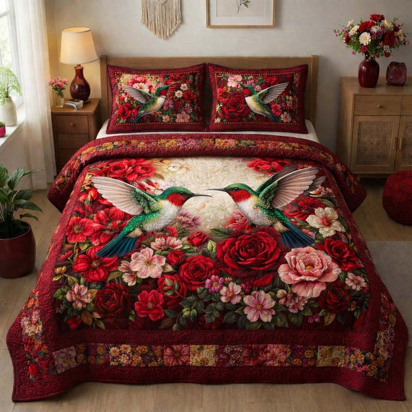 Crimson Rose Hummingbirds 3-Piece Quilted Bedding Set — quilt and two matching pillow shams
