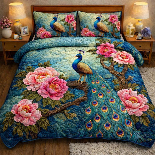 Blossom Branch Peacock quilted 3-piece bedding set on a made bed in a rustic timber bedroom