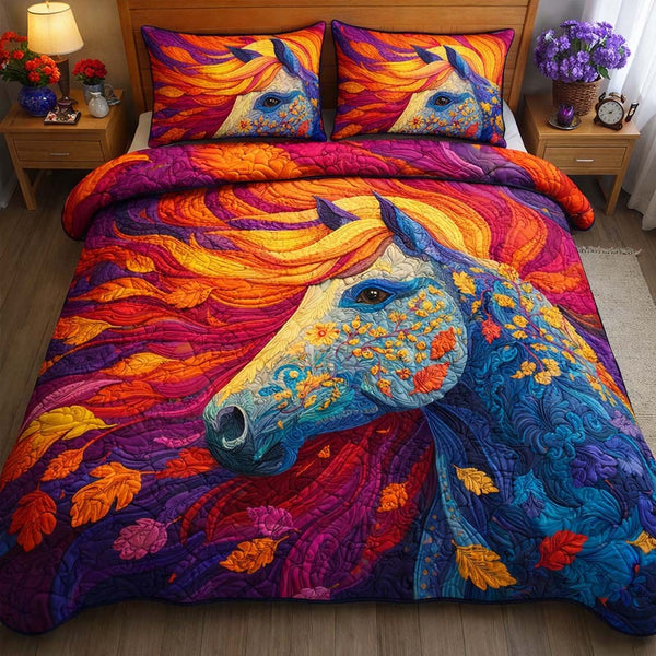 Autumn Flame Mustang quilted 3-piece bedding set on a made bed with two matching pillow shams