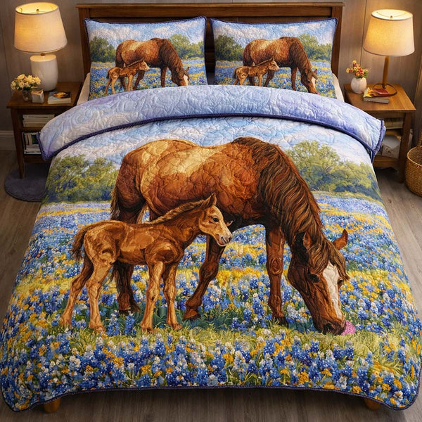Bluebonnet Meadow Mare quilted 3-piece bedding set on a made bed in a rustic timber bedroom